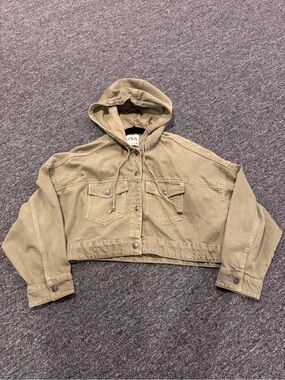 Zara Cropped Hooded Denim Jacket Olive Green Utility Jacket Size M